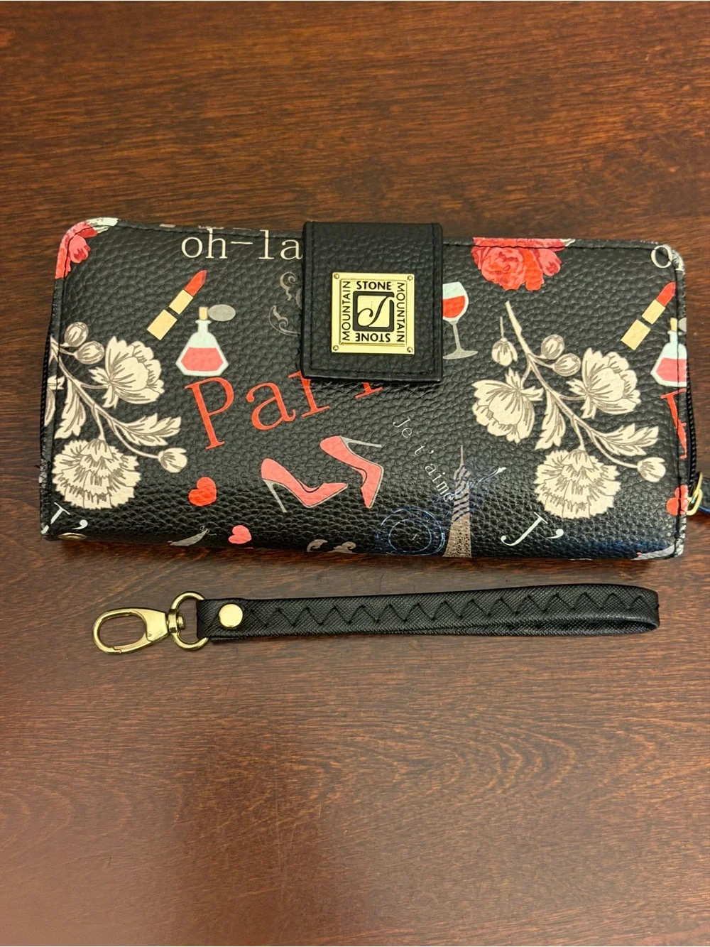 Stone Mountain Wristlet Wallet Pebbled Black Paris Themed Graphic Zip Around